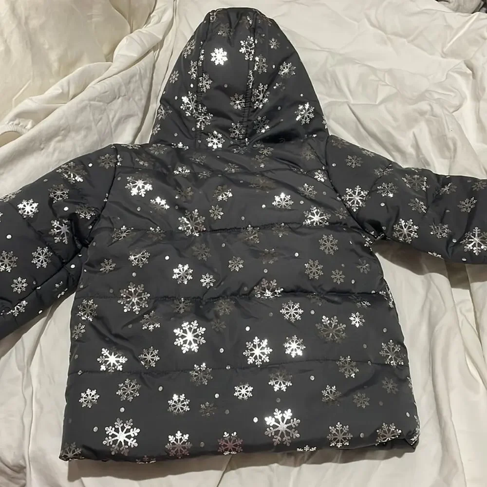 Gymboree S 5/6 grey silver snowflakes front zip hooded puffer nwt pockets